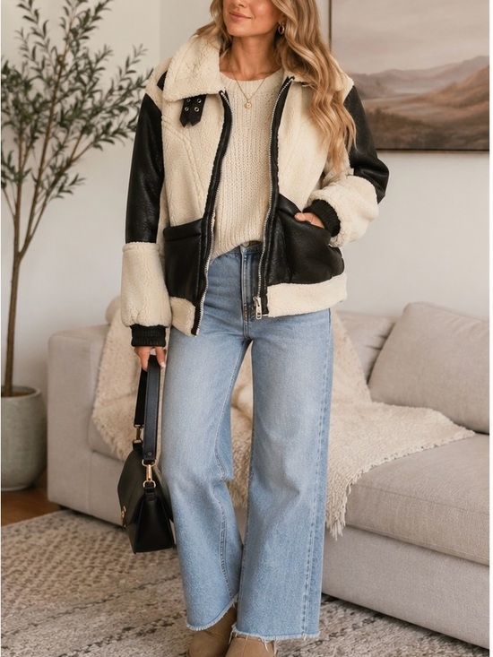 Blank NYC Jackets & Blazers - Blank NYC Cream & Black Teddy Aviator Jacket